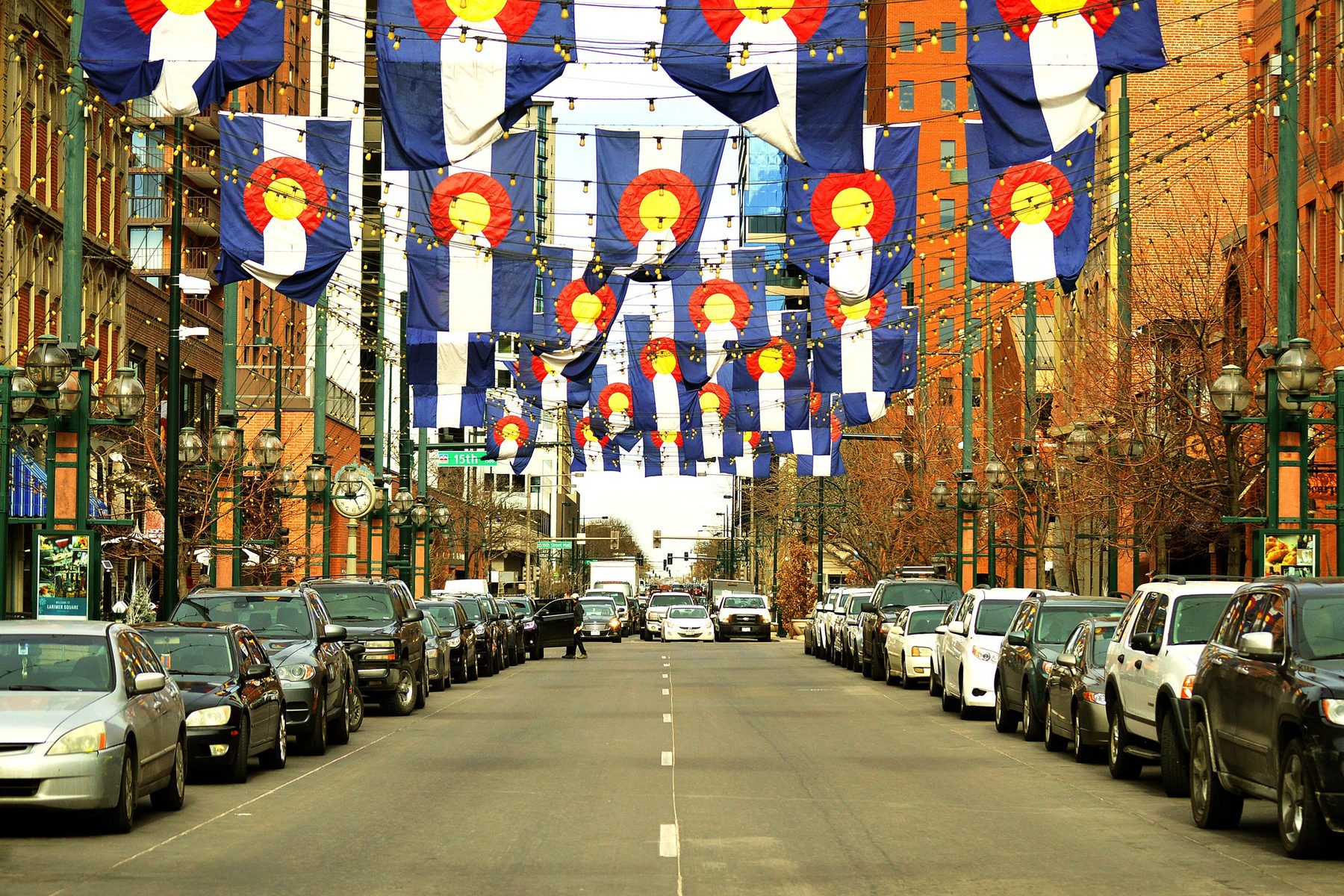 Colorado flags strung over Larimer Square, Denver's historic retail street